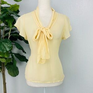 St. John Cream Tie Front Flutter Sleeve Sheer Silk Blouse